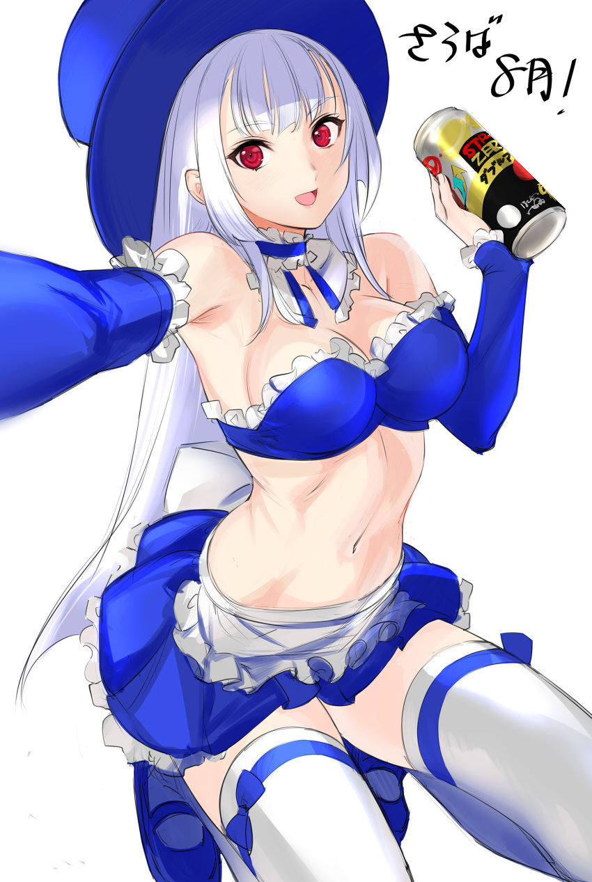 1girl absurdres albino alternate_color alternate_costume apron bandeau bangs beer_can blue_bra blue_footwear blue_headwear blue_ribbon blue_skirt blue_sleeves bra can capcom_fighting_jam choker commentary_request detached_sleeves frilled_choker frills hat highres ingrid long_hair looking_at_viewer mary_janes midnight_bliss midriff navel red_eyes ribbon ribbon_choker self_shot shoes skirt smile solo straight_hair strapless strapless_bra strong_zero tetsu_(kimuchi) thigh-highs thigh_ribbon top_hat underwear waist_apron white_hair white_legwear