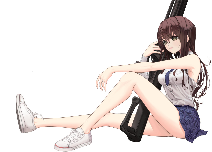 1girl absurdres blue_skirt brown_hair commentary_request eichi_(skskdi12z) green_eyes highres holding holding_weapon knee_up long_hair necktie original partially_translated school_uniform shirt shoes sitting skirt sneakers solo torn_clothes torn_shirt translation_request weapon white_footwear white_shirt
