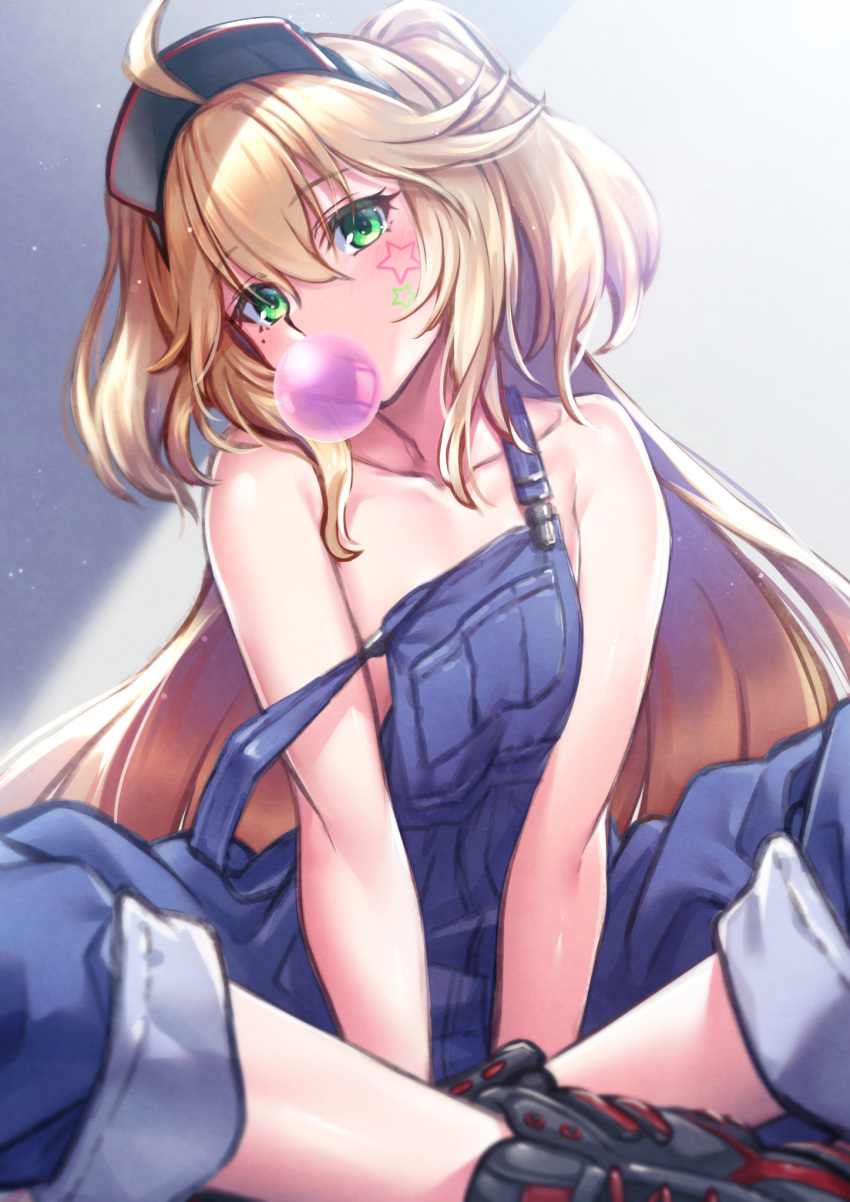 1girl admiral_hipper_(azur_lane) ahoge azur_lane bangs bare_shoulders blonde_hair blush breasts bubble_blowing collarbone eyebrows_visible_through_hair green_eyes hair_between_eyes hat highres ken_ill long_hair looking_at_viewer mole overalls pants pants_rolled_up shoes sidelocks sitting sneakers solo strap_slip two_side_up visor_cap