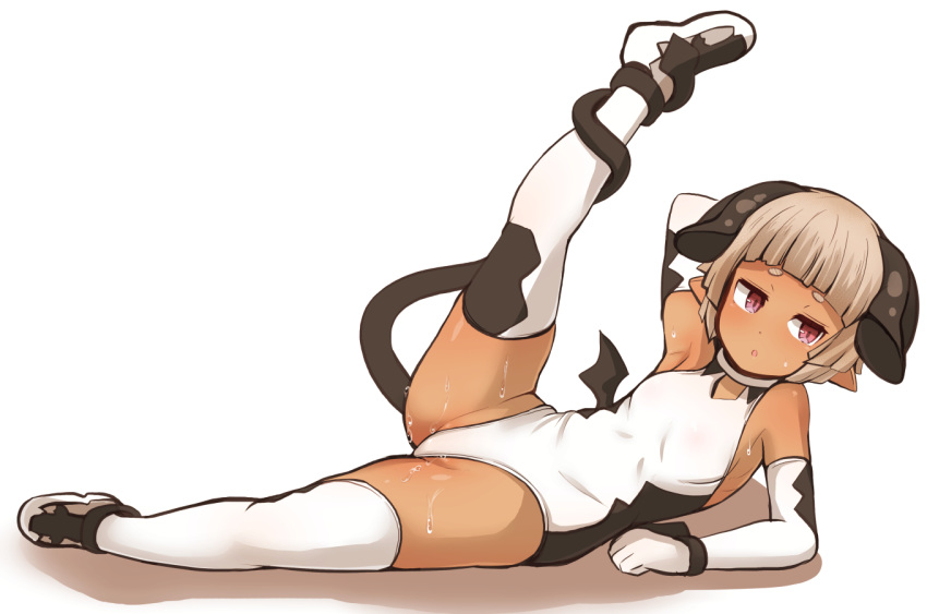 1girl arm_up armpits bangs blunt_bangs blush breasts brown_hair dark_skin demon_girl demon_horns demon_tail demon_wings elbow_gloves full_body garoudo_(kadouhan'i) gloves horns leg_lift leotard original pointy_ears short_eyebrows short_hair simple_background small_breasts solo sweat tail thigh-highs white_background white_gloves white_legwear white_leotard wings