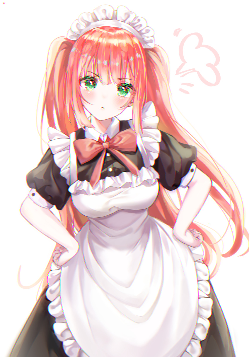 1girl absurdres apron bangs black_dress blush breasts closed_mouth cowboy_shot dress elbow_gloves frilled_apron frills frown gloves green_eyes hands_on_hips highres lagertha large_breasts lisi long_hair looking_at_viewer maid maid_apron maid_dress maid_headdress original puffy_short_sleeves puffy_sleeves ribbon short_sleeves simple_background solo standing twintails white_apron white_background white_gloves