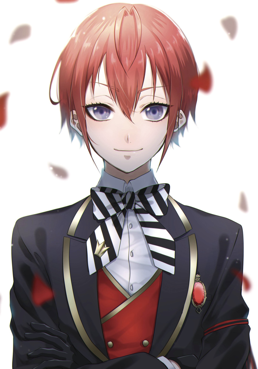 1boy absurdres bangs black_bow black_gloves black_jacket black_neckwear blurry bow bowtie commentary_request dress_shirt gem gloves hair_between_eyes highres jacket kinaco_4738 long_sleeves looking_at_viewer male_focus red_vest redhead riddle_rosehearts shirt short_hair smile solo twisted_wonderland vertical-striped_neckwear vest violet_eyes white_background white_bow white_neckwear white_shirt wing_collar