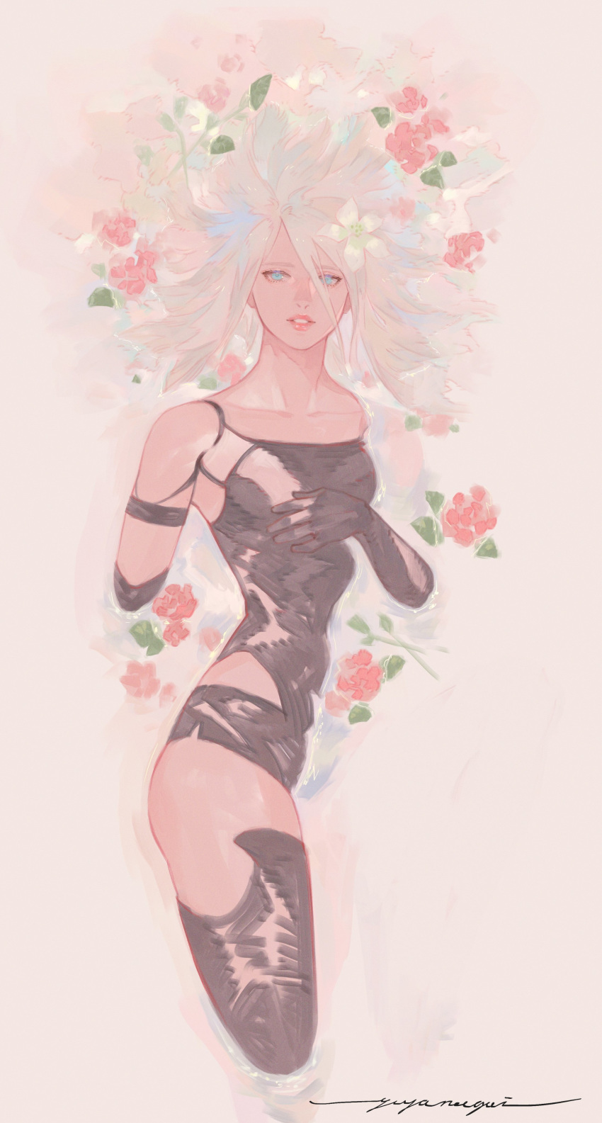 1girl absurdres afloat armband bare_shoulders black_gloves blue_eyes collarbone flower gloves hair_between_eyes highres long_hair lunar_tear nier_(series) parted_lips partially_submerged pink_lips red_flower signature solo v8 water white_flower white_hair yorha_type_a_no._2