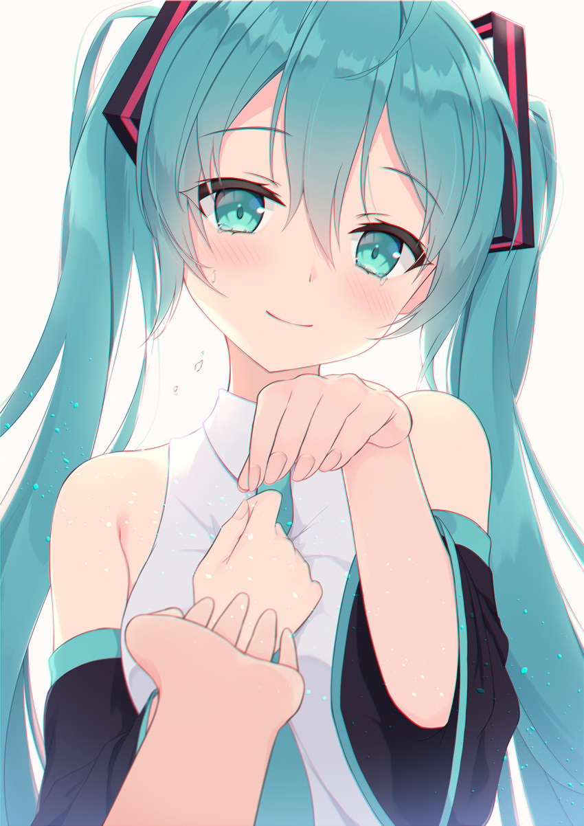 1girl aqua_eyes aqua_hair aqua_neckwear bangs bare_shoulders black_sailor_collar black_sleeves blush closed_mouth crying crying_with_eyes_open detached_sleeves eyebrows_visible_through_hair fingernails hair_between_eyes hand_on_own_chest happy_tears hatsune_miku head_tilt highres long_hair long_sleeves looking_at_viewer necktie outstretched_hand pov sailor_collar shirt smile solo_focus tears twintails upper_body very_long_hair vocaloid white_shirt yumenone_(conectarts)