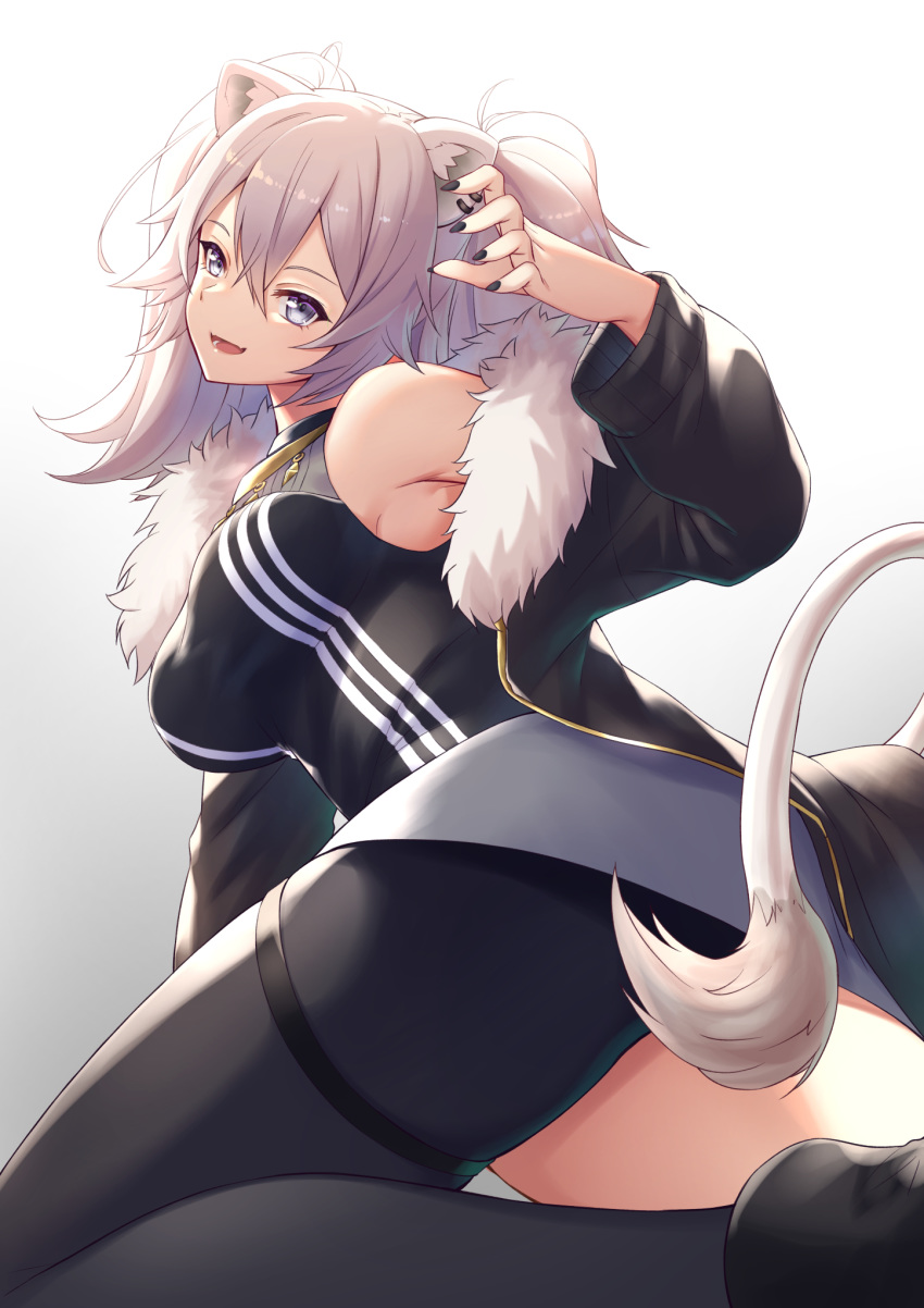 1girl :d ahoge animal_ears ass asymmetrical_clothes bare_shoulders black_jacket black_nails black_shirt boots breasts claw_pose earrings eliot_c_f eyebrows_visible_through_hair fang fur-trimmed_jacket fur_trim grey_eyes grey_hair hair_between_eyes highres hololive jacket jewelry large_breasts lion_ears lion_girl lion_tail long_hair looking_at_viewer looking_back medium_breasts nail_polish necklace off_shoulder open_clothes open_jacket open_mouth shirt shishiro_botan silver_hair single_leg_pantyhose single_pantsleg skirt sleeveless sleeveless_shirt smile solo tail thigh_strap two_side_up virtual_youtuber