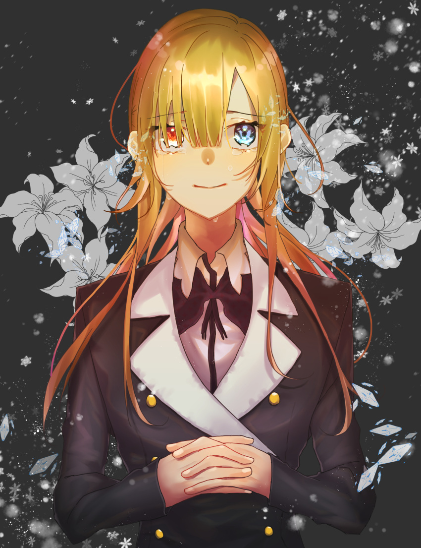 1girl absurdres black_jacket blue_eyes brown_hair commentary_request crying crying_with_eyes_open fate/grand_order fate_(series) flower hair_between_eyes hair_over_one_eye heterochromia highres interlocked_fingers jacket long_hair looking_at_viewer no_eyepatch ophelia_phamrsolone red_eyes shirt smile solo souraku_(zilcon_1031) tears upper_body white_shirt