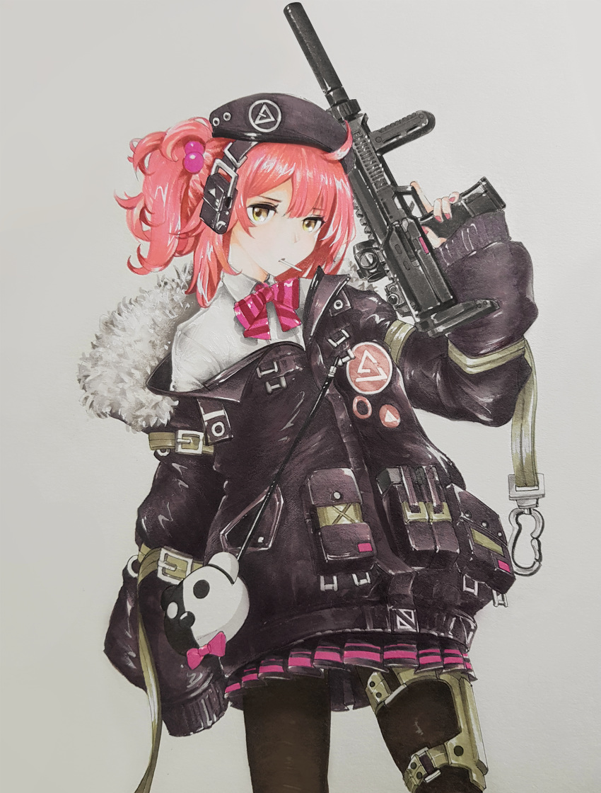 1girl absurdres candy food fur_trim girls_frontline gun h&amp;k_mp7 highres lave2600 lollipop mp7_(girls_frontline) redhead side_ponytail solo submachine_gun traditional_media weapon yellow_eyes