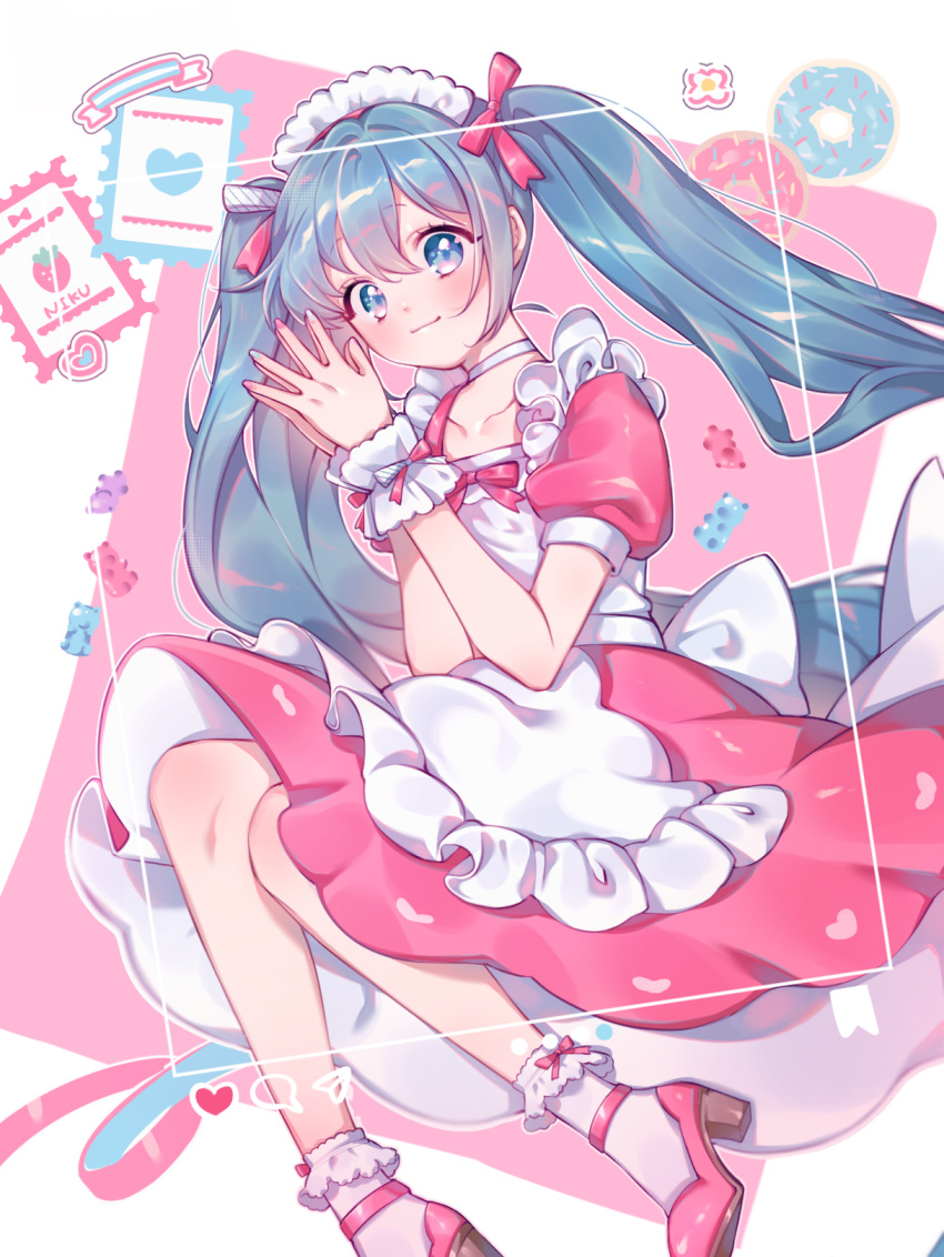1girl 217sian alternate_costume apron blue_eyes blue_hair commentary doughnut dress enmaided food hatsune_miku high_heels highres looking_at_viewer lying maid maid_apron maid_headdress on_side pink_dress solo vocaloid