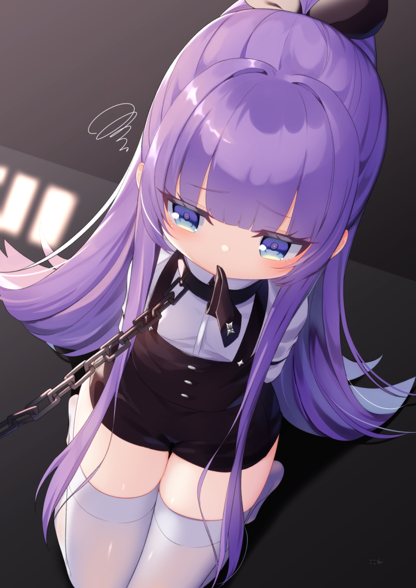 1girl azur_lane bangs black_neckwear black_ribbon black_shorts blue_eyes blunt_bangs blush chain closed_mouth commentary_request dutch_angle eyebrows_visible_through_hair from_above hair_ribbon highres kokone_(coconeeeco) long_hair long_sleeves looking_away mouth_hold ponytail purple_hair ribbon seiza shirt short_shorts shorts sitting solo squiggle suspender_shorts suspenders tashkent_(azur_lane) tashkent_(the_bound_cruiser)_(azur_lane) thigh-highs very_long_hair white_legwear white_shirt