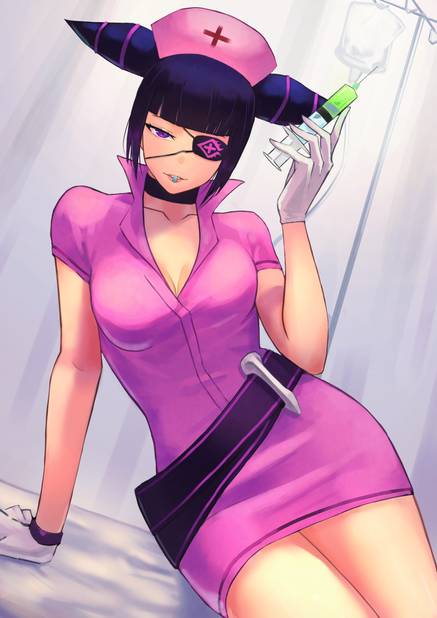 1girl absurdres arm_support bangs bedroom_eyes belt blunt_bangs breasts capcom choker cleavage clothed collarbone dress drill_hair eyepatch female female_only gloves half-closed_eyes han_juri highres holding_object holding_syringe kurai_munio large_breasts looking_at_viewer minidress mouth_hold nurse nurse_cap pill pink_dress purple_eyes purple_hair sidelocks solo street_fighter street_fighter_v syringe thick_thighs twin_drills