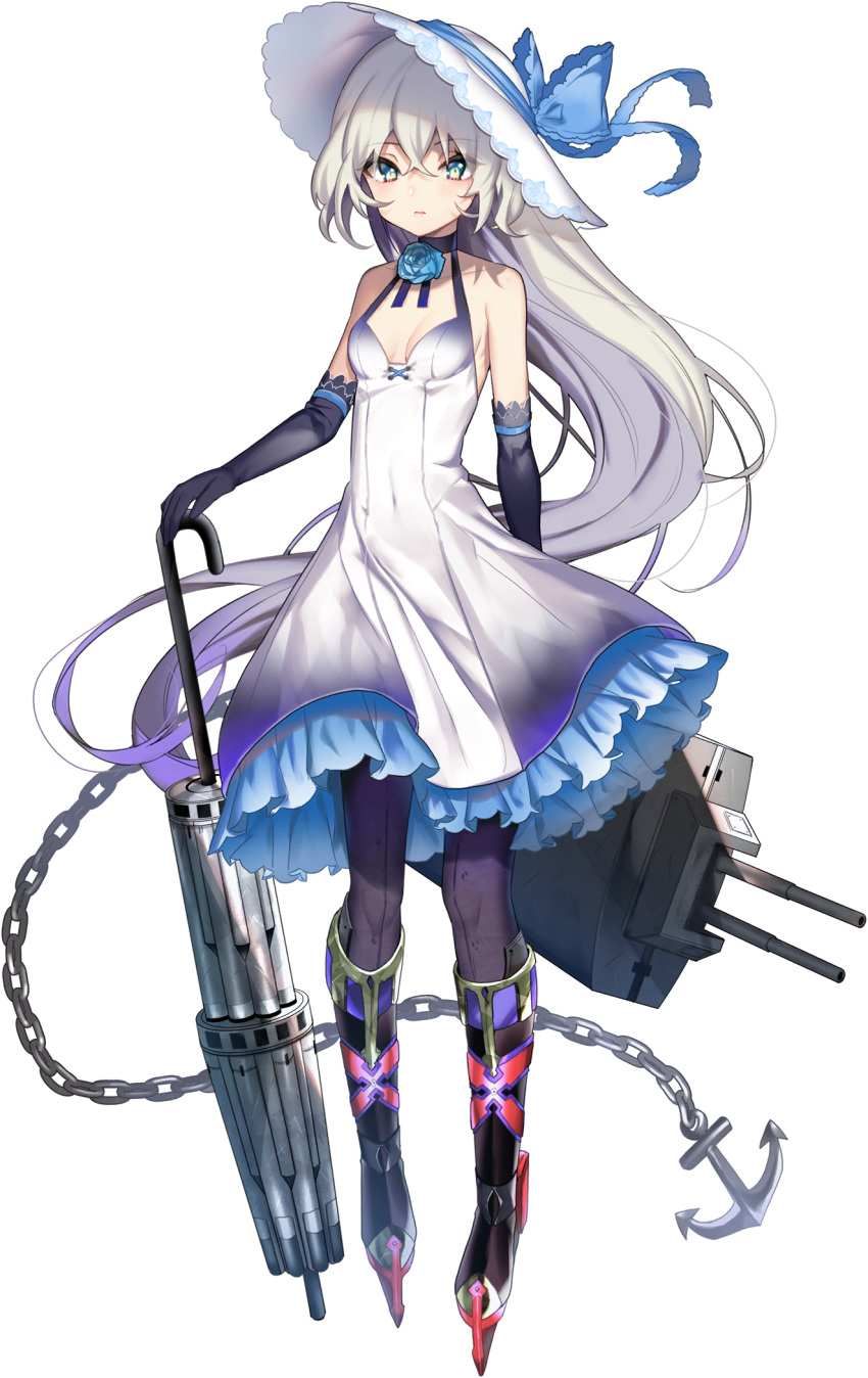 1girl anchor artist_request bangs black_gloves blue_flower blue_oath blue_rose boots bow breasts closed_mouth closed_umbrella dress elbow_gloves eyebrows_visible_through_hair flower frilled_dress frills gloves gradient_hair grey_hair hair_between_eyes hat hat_bow highres holding jervis_(blue_oath) knee_boots long_hair multicolored_hair official_art pantyhose purple_hair purple_legwear rigging rose sleeveless sleeveless_dress small_breasts solo sun_hat transparent_background umbrella very_long_hair white_dress white_headwear