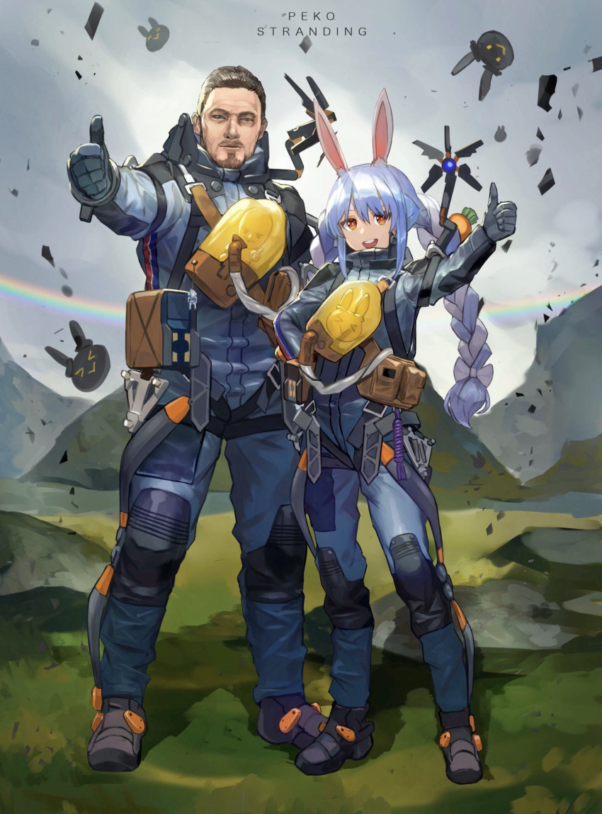 1boy 1girl animal_ears blue_hair braid character_request crossover death_stranding don-chan_(hololive) food_themed_hair_ornament hair_ornament highres hololive looking_at_viewer nalai orange_eyes rabbit_ears thumbs_up usada_pekora