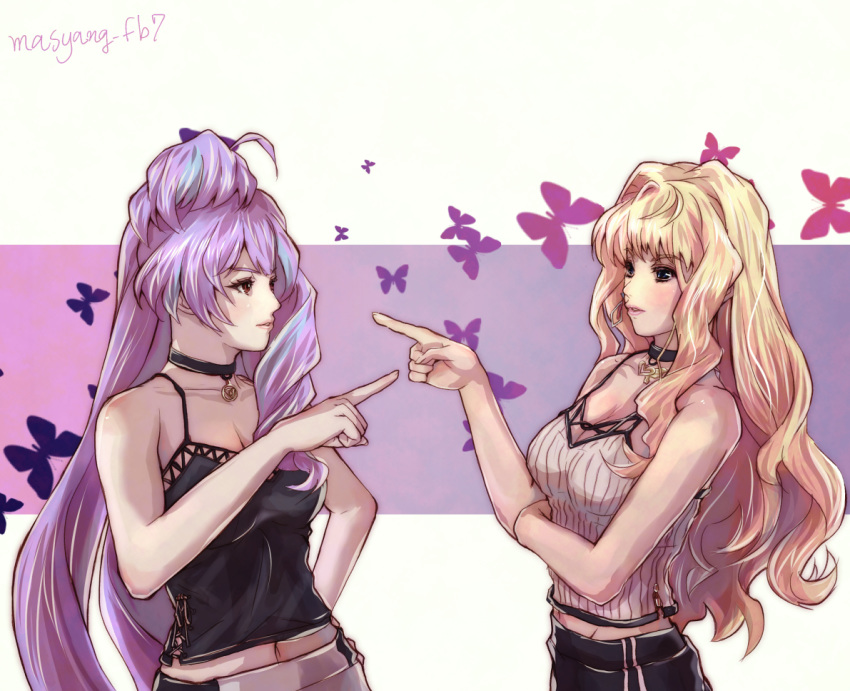 2girls black_tank_top blonde_hair blue_eyes choker long_hair macross macross_delta macross_frontier mikumo_guynemer multiple_girls navel pants pointing purple_hair red_eyes ryu_(masu_nantoka-san) sheryl_nome tank_top track_pants very_long_hair white_tank_top