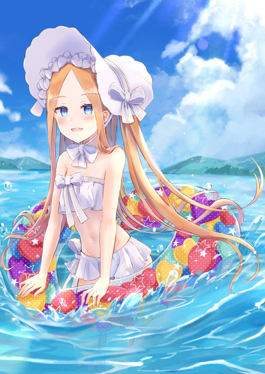 1girl abigail_williams_(fate/grand_order) abigail_williams_(swimsuit_foreigner)_(fate) absurdres artist_request bangs bare_shoulders bikini blonde_hair blue_eyes blue_sky blush bonnet bow breasts fate/grand_order fate_(series) forehead hair_bow highres huge_filesize innertube long_hair looking_at_viewer miniskirt navel open_mouth parted_bangs sidelocks skirt sky small_breasts smile sunlight swimsuit thighs twintails very_long_hair wading white_bikini white_bow white_headwear