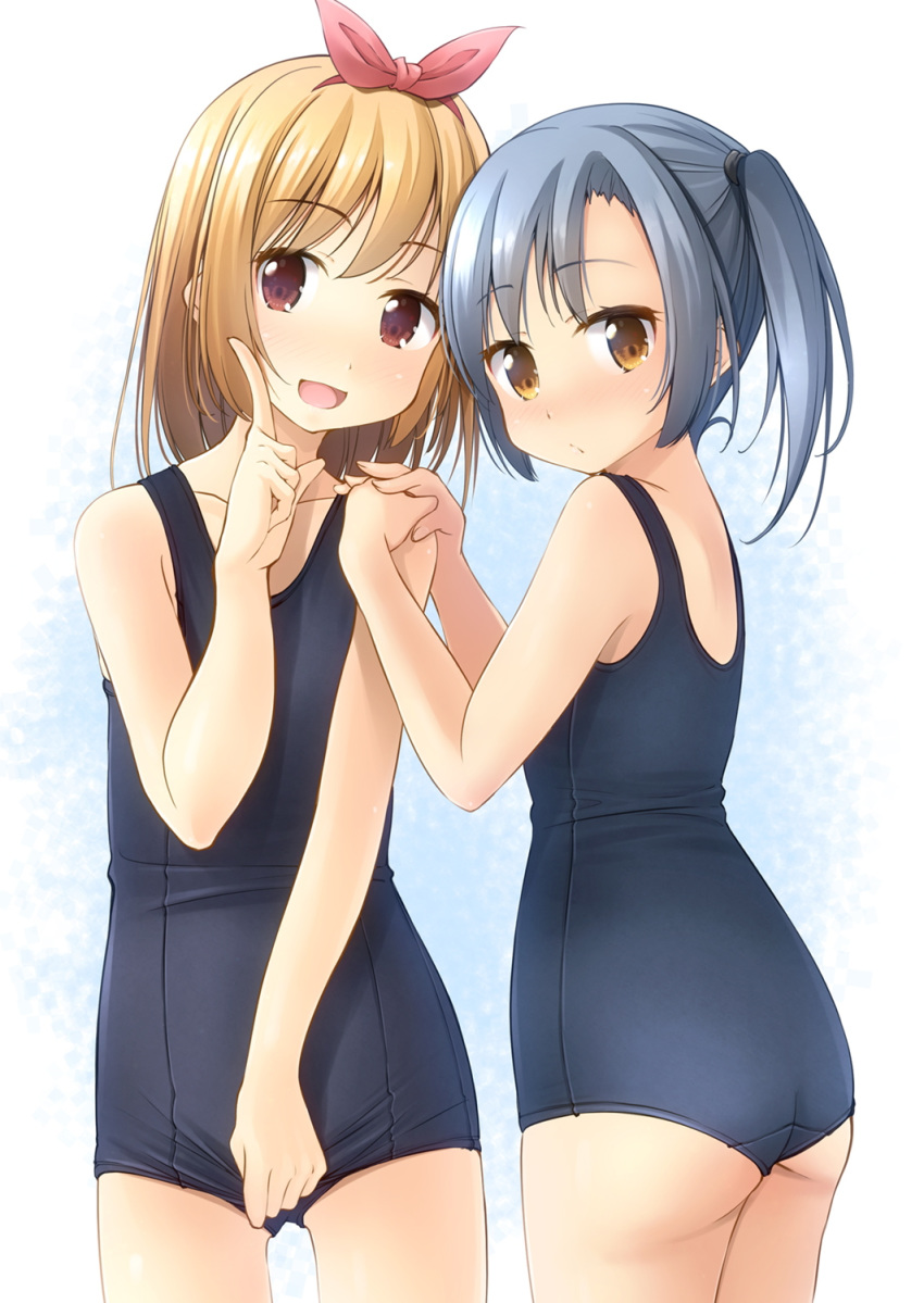 2girls :d ass bare_arms bare_shoulders blonde_hair blue_swimsuit blush brown_eyes closed_mouth commentary_request cowboy_shot grey_hair hair_ribbon hands_on_another's_shoulder highres looking_at_viewer multiple_girls old_school_swimsuit one-piece_swimsuit open_mouth original red_ribbon ribbon school_swimsuit shibacha smile standing swimsuit twintails