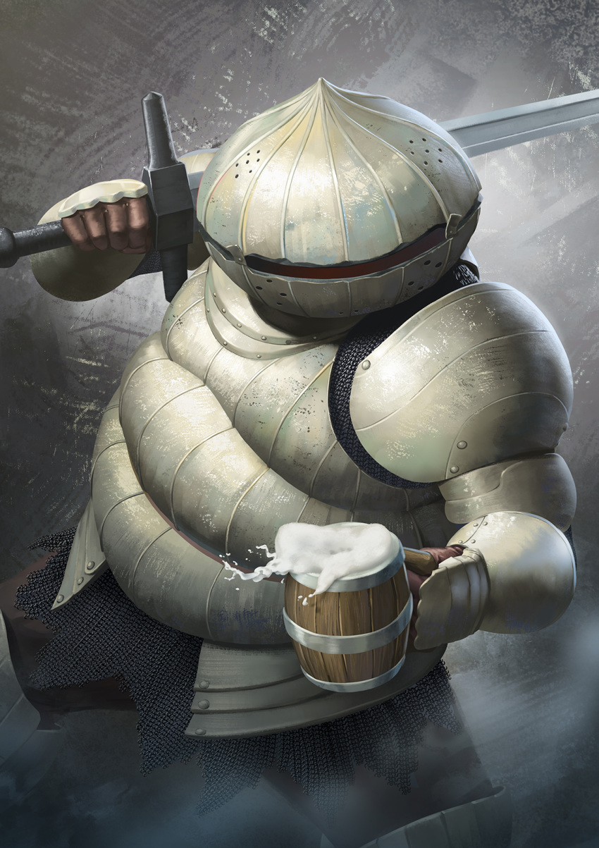 1boy alcohol armor beer beer_mug breastplate commentary_request cup dark_souls facing_viewer full_armor gauntlets helm helmet highres holding holding_sword holding_weapon mug over_shoulder pauldrons shoulder_armor siegward_of_catarina solo souls_(from_software) spilling sword visor_(armor) weapon weapon_over_shoulder yusepe