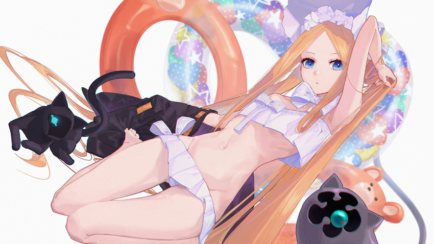 1girl abigail_williams_(fate/grand_order) abigail_williams_(swimsuit_foreigner)_(fate) arm_behind_head arm_up armpits bangs bare_shoulders bikini black_jacket blonde_hair blue_eyes bonnet bow breasts creature fate/grand_order fate_(series) forehead hair_bow innertube jacket jacket_removed long_hair looking_at_viewer miniskirt navel parted_bangs sidelocks skirt small_breasts swimsuit thighs twintails very_long_hair white_background white_bikini white_bow white_headwear whitem_(whiteemperor2020)