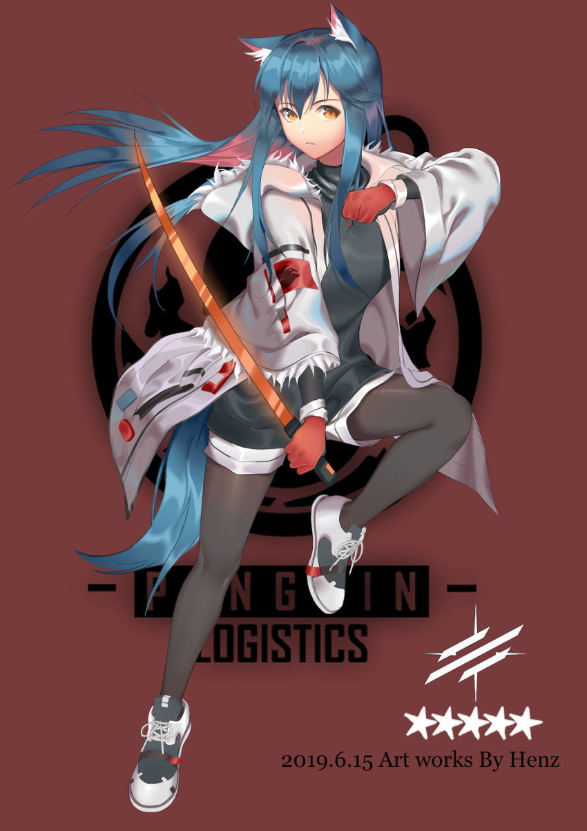 1girl animal_ears aqua_hair arknights artist_name black_legwear black_shirt dated english_text eyebrows_visible_through_hair gloves henz highres holding holding_sword holding_weapon jacket jumping long_hair looking_at_viewer open_clothes open_jacket orange_eyes pantyhose red_background red_gloves shirt shoes sneakers solo sword texas_(arknights) thighs weapon white_footwear white_jacket