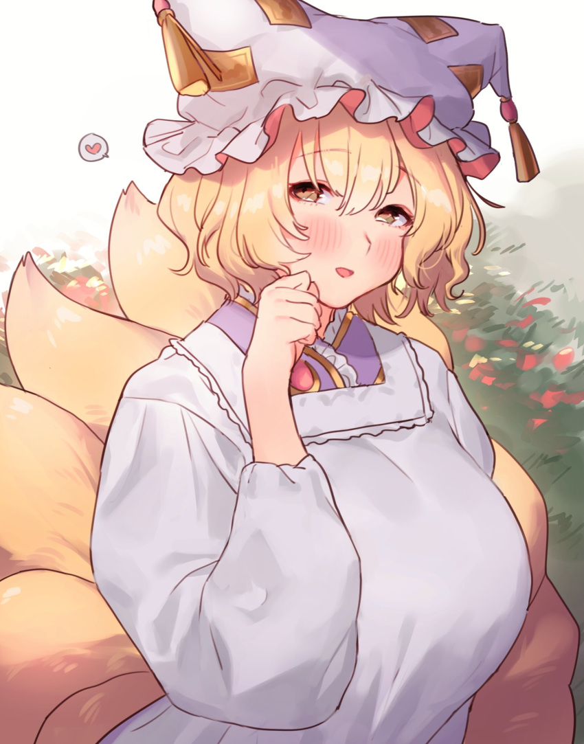 1girl adapted_costume animal_ears bangs blonde_hair blush bush commentary_request dress eyebrows_visible_through_hair fox_ears fox_tail frilled_hat frills hair_between_eyes hand_up hat heart highres kitsune long_sleeves looking_to_the_side masanaga_(tsukasa) multiple_tails open_mouth pillow_hat short_hair sidelocks sideways_glance solo speech_bubble tail tassel touhou upper_body white_dress white_robe yakumo_ran yellow_eyes