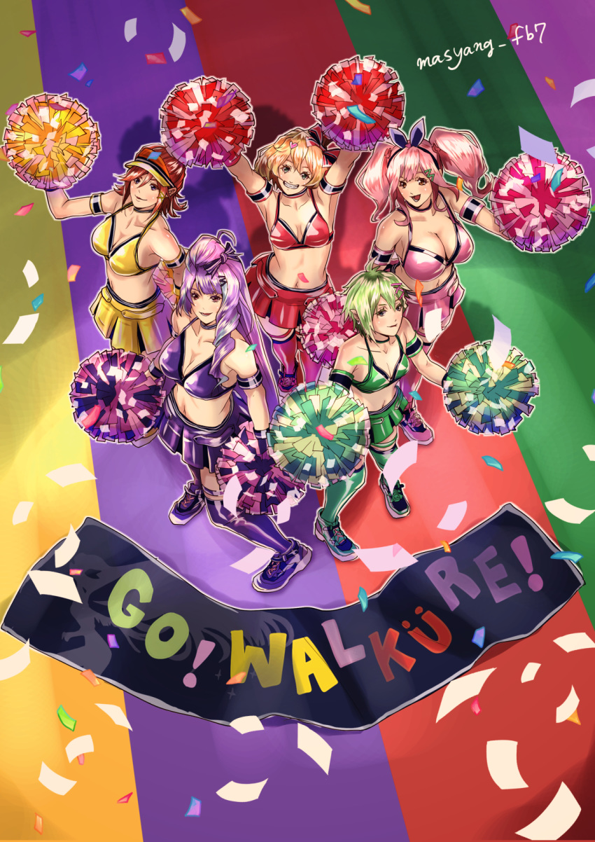 5girls blue_eyes breasts cheerleader freyja_wion from_above green_eyes green_hair highres kaname_buccaneer large_breasts long_hair looking_up macross macross_delta makina_nakajima medium_breasts midriff mikumo_guynemer multiple_girls navel open_mouth orange_hair pink_eyes pink_hair pointy_ears pom_poms purple_hair red_eyes redhead reina_prowler ryu_(masu_nantoka-san) short_hair small_breasts smile twintails very_long_hair violet_eyes walkure_(macross_delta)