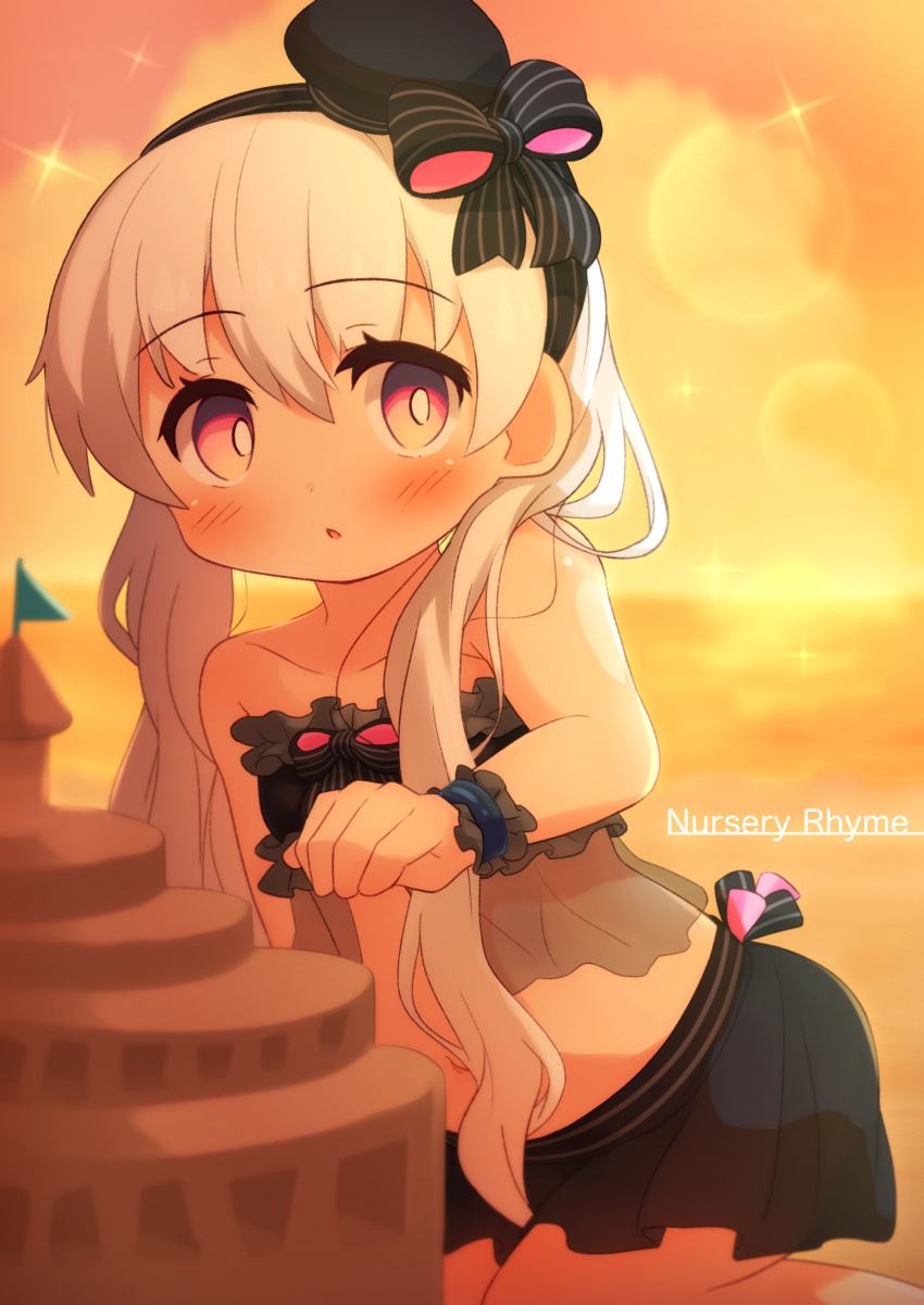 1girl absurdres bangs bare_shoulders beret bikini black_bikini black_bow black_hairband black_headwear blush bow brown_sky character_name clouds cloudy_sky collarbone commentary_request eyebrows_visible_through_hair fate/extra fate_(series) hair_between_eyes hair_bow hairband hat highres long_hair looking_at_viewer mini_hat navel nursery_rhyme_(fate/extra) outdoors parted_lips red_eyes sand_castle sand_sculpture sky solo strapless strapless_bikini striped striped_bow sunset swimsuit tilted_headwear twintails very_long_hair white_hair wrist_cuffs yuya090602