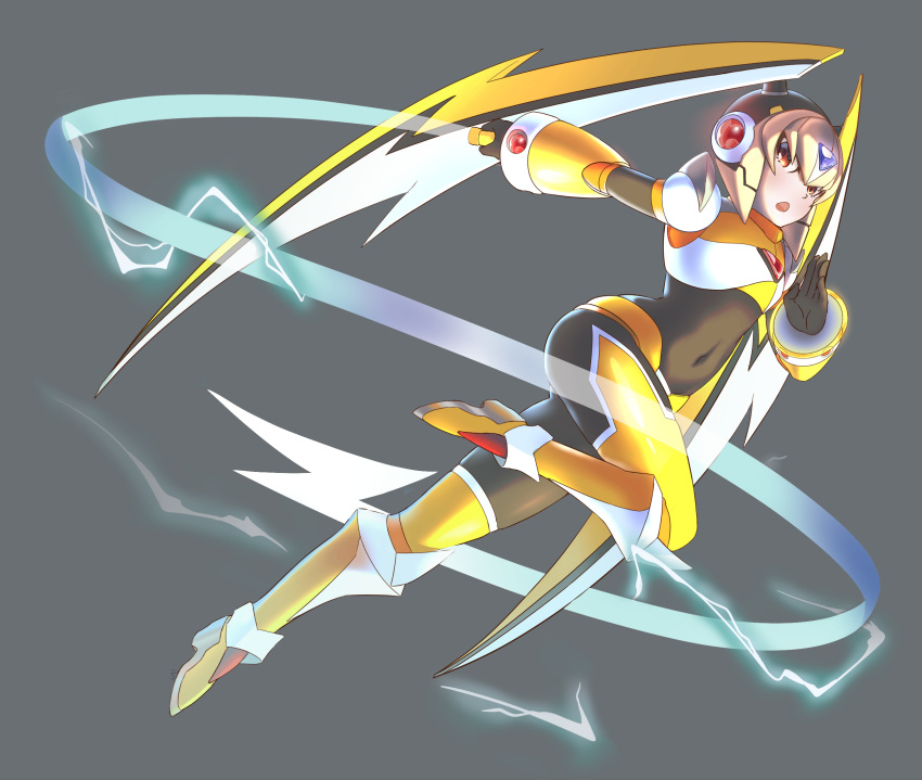 1girl android brown_eyes chest_jewel covered_navel electricity energy_whip full_body gloves grey_background helmet highres holding holding_whip navel open_mouth oro_s rockman shoulder_spikes simple_background solo spikes taiganakashima weapon whip