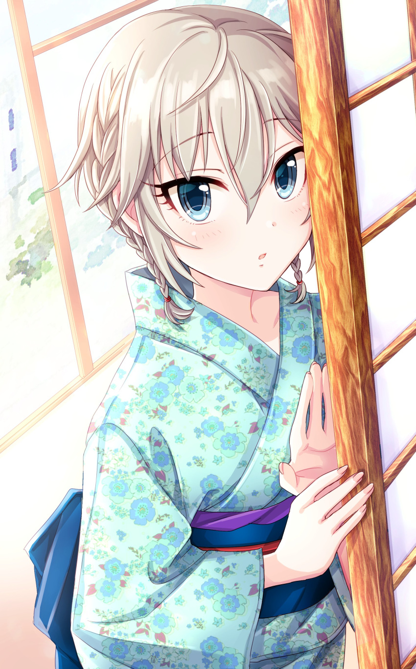 1girl absurdres anastasia_(idolmaster) blue_eyes blue_kimono braid doorway fingernails highres idolmaster idolmaster_cinderella_girls idolmaster_cinderella_girls_starlight_stage japanese_clothes kimono looking_at_viewer popon_ta silver_hair sliding_doors yukata