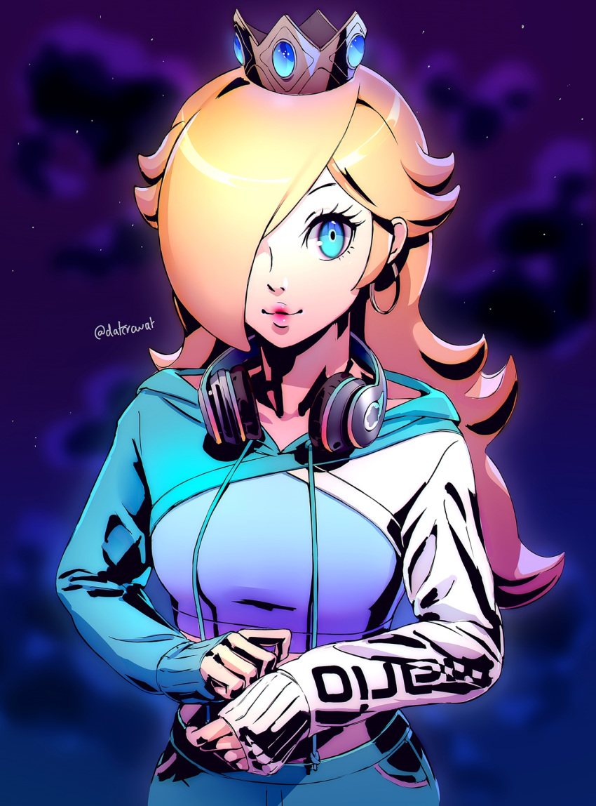 1girl alternate_costume blonde_hair blue_eyes crown datcravat earrings hair_over_one_eye headphones headphones_around_neck highres hood hoodie hoop_earrings jewelry lips long_hair super_mario_bros. rosalina smile solo space super_mario_galaxy