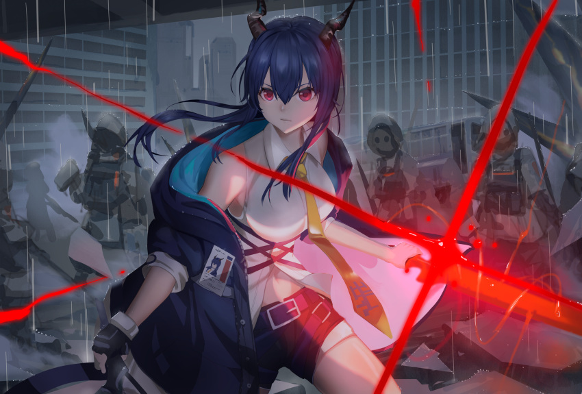 1girl 3others absurdres arknights bangs bare_shoulders black_gloves blue_hair blue_jacket breasts ch'en_(arknights) chi_xiao_(arknights) commentary cowboy_shot dragon_horns fingerless_gloves gloves hair_between_eyes haowei_wu highres holding holding_sword holding_weapon horns jacket long_hair medium_breasts multiple_others navel necktie off_shoulder open_clothes open_jacket red_eyes reunion_soldier_(arknights) shirt short_shorts shorts sleeveless sleeveless_shirt standing sword thighs weapon white_shirt yellow_neckwear