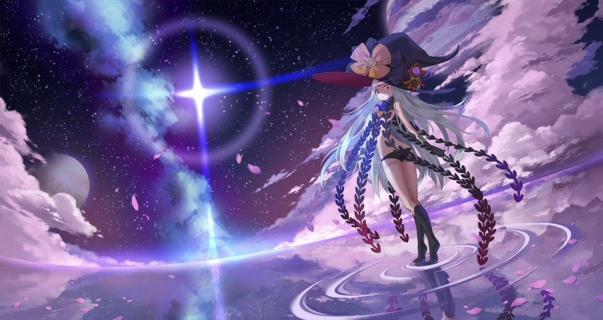 1girl abigail_williams_(fate/grand_order) ass bangs bare_shoulders black_bow black_headwear black_panties bow breasts clouds fate/grand_order fate_(series) forehead glowing glowing_eye hat highres horizon keyhole legs long_hair looking_at_viewer multiple_bows night night_sky orange_bow panties parted_bangs petals red_eyes ripples sky small_breasts smile standing standing_on_liquid star_(sky) stuffed_animal stuffed_toy third_eye underwear water white_hair white_skin witch_hat yaxiya