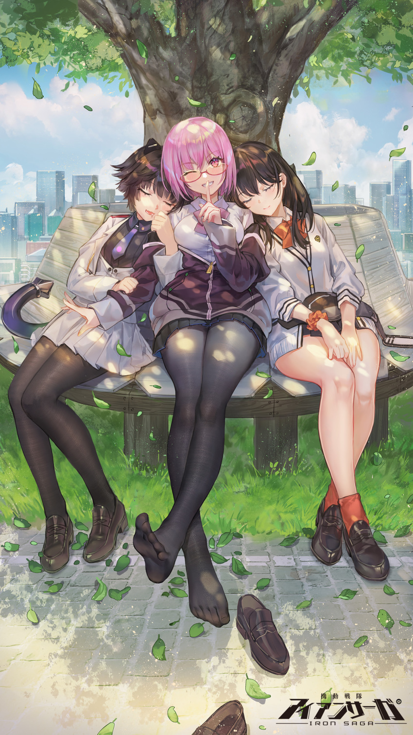 3girls :d ;d absurdres animal_ears bare_legs black_footwear black_hair black_legwear black_skirt bow bowtie breasts cardigan cat_ears character_request closed_eyes criin day drooling fake_animal_ears fake_tail finger_to_mouth grin highres iron_saga jacket large_breasts leaf loafers long_hair long_sleeves looking_at_viewer miniskirt multiple_girls off_shoulder official_art one_eye_closed open_mouth outdoors pantyhose pavement pink_eyes pink_hair purple_jacket shinjou_akane shirt shoes shoes_removed short_hair shushing skirt sleeping smile socks ssss.gridman tail takarada_rikka thighs tree underbust white_cardigan white_shirt white_skirt