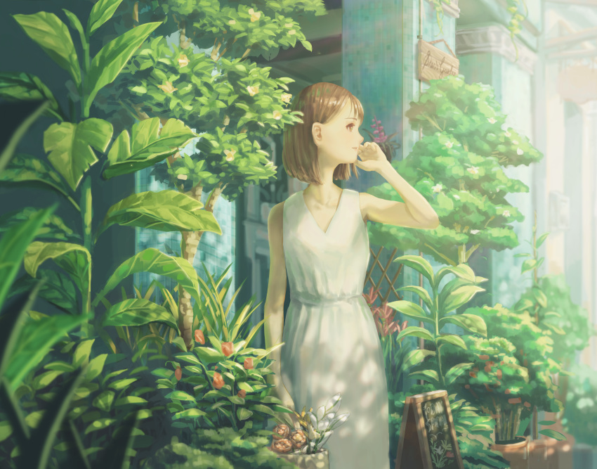 1girl absurdres arm_at_side brown_eyes brown_hair building day dress english_commentary flower hand_up highres looking_to_the_side original outdoors plant scenery shadow shann_pierre sign sleeveless sleeveless_dress solo tree white_dress