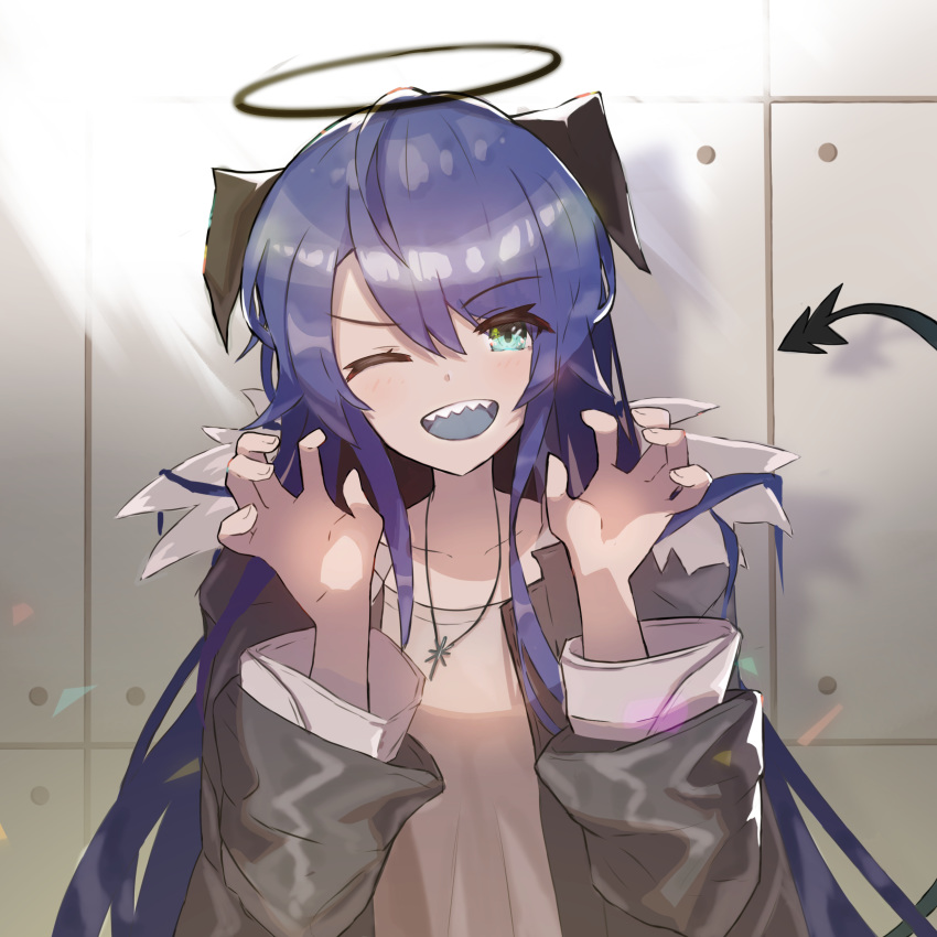 1girl ;d absurdres arknights bangs black_jacket blue_eyes blue_hair blue_tongue blush claw_pose commentary_request eyebrows_visible_through_hair furuki_ayaginutaira grey_shirt hair_between_eyes halo hands_up highres horns jacket long_hair long_sleeves looking_at_viewer mostima_(arknights) one_eye_closed open_clothes open_jacket open_mouth sharp_teeth shirt smile solo tail teeth upper_body