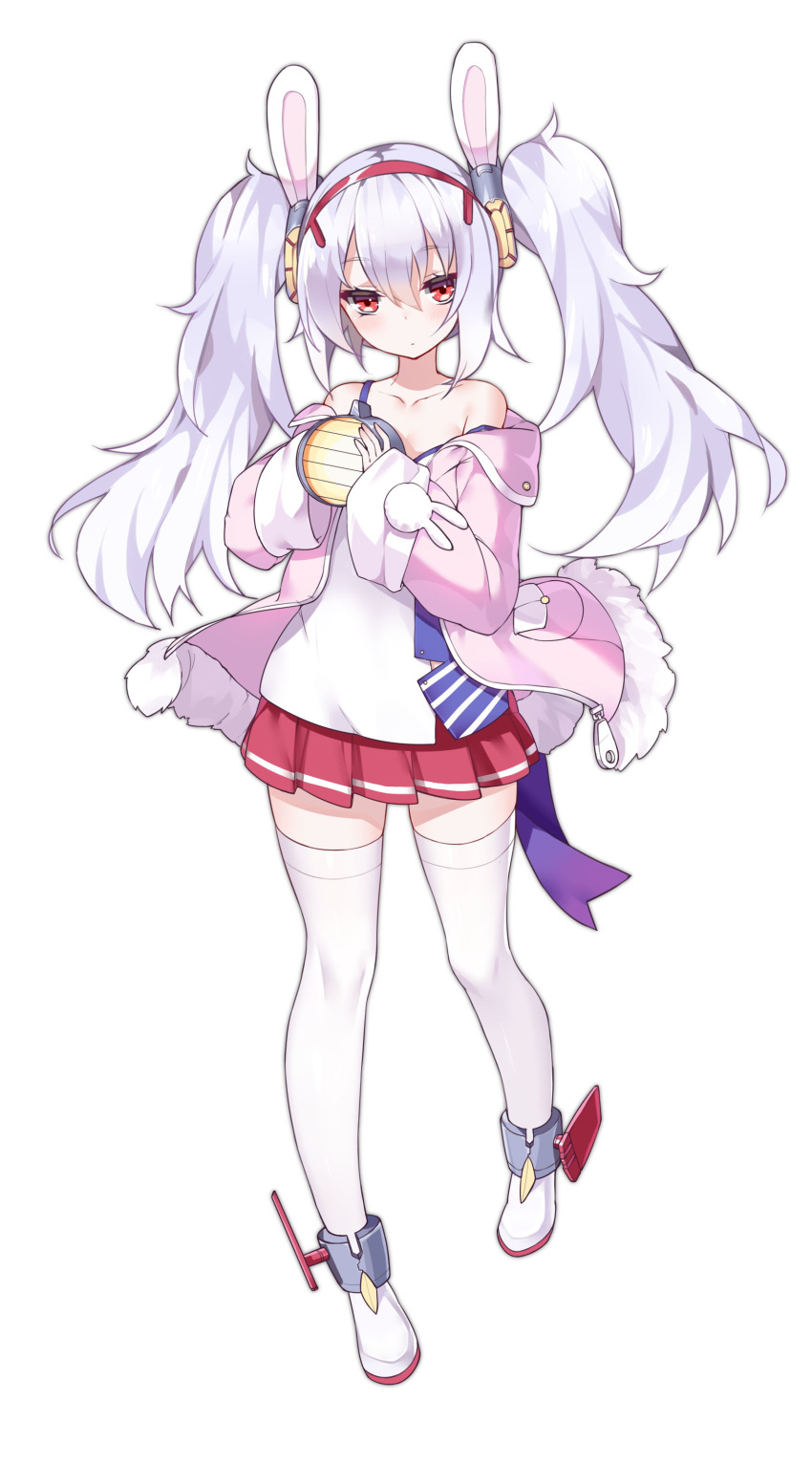 1girl absurdres animal_ears azur_lane bangs blush closed_mouth eyebrows_visible_through_hair fake_animal_ears full_body hair_between_eyes hairband highres holding jacket laffey_(azur_lane) lavender_hair long_hair long_sleeves looking_at_viewer off_shoulder open_clothes open_jacket pink_jacket pleated_skirt rabbit_ears red_eyes red_hairband red_skirt searchlight sela simple_background skirt solo standing strap_slip thigh-highs twintails white_background white_legwear zettai_ryouiki