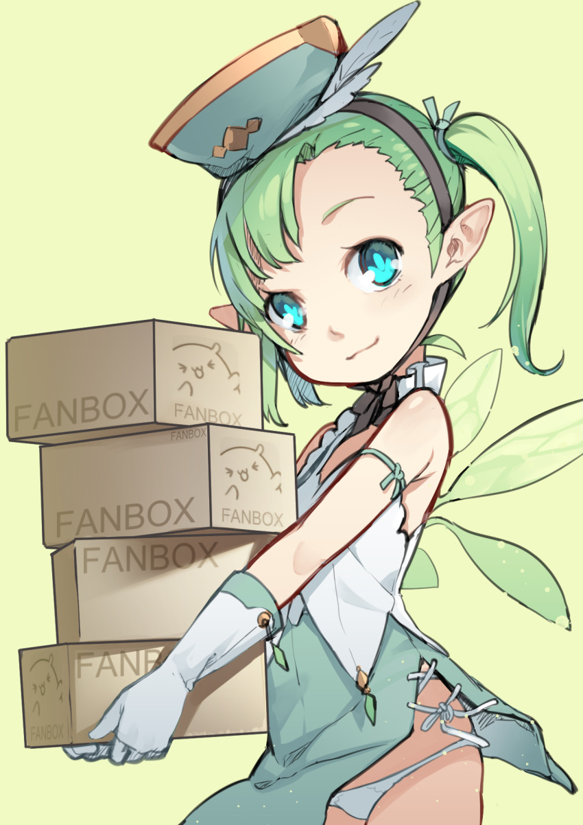 1girl aoi_tsunami bare_shoulders blue_eyes blue_headwear box cardboard_box closed_mouth commentary_request elbow_gloves fairy fairy_wings fanbox fantia_logo gloves green_background green_hair green_skirt green_wings hat highres holding holding_box ko-fi_logo original panties patreon_logo pointy_ears revision shirt side_ponytail simple_background skirt sleeveless sleeveless_shirt smile solo underwear white_gloves white_panties white_shirt wings