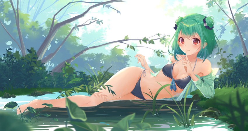 1girl absurdres aqua_hair aqua_shirt arm_support backlighting bangs bare_shoulders barefoot bikini black_bikini blue_ribbon blush breasts closed_mouth collarbone day double_bun finger_to_mouth front-tie_bikini front-tie_top full_body grass hair_ornament highres hololive index_finger_raised long_sleeves looking_at_viewer lying navel off_shoulder on_side open_clothes open_shirt outdoors plant red_eyes ribbon shallow_water shirt short_hair shushing side-tie_bikini skull_hair_ornament small_breasts smile solo stomach swamp swimsuit tree untying uruha_rushia virtual_youtuber water white_ribbon zhongchun_ci