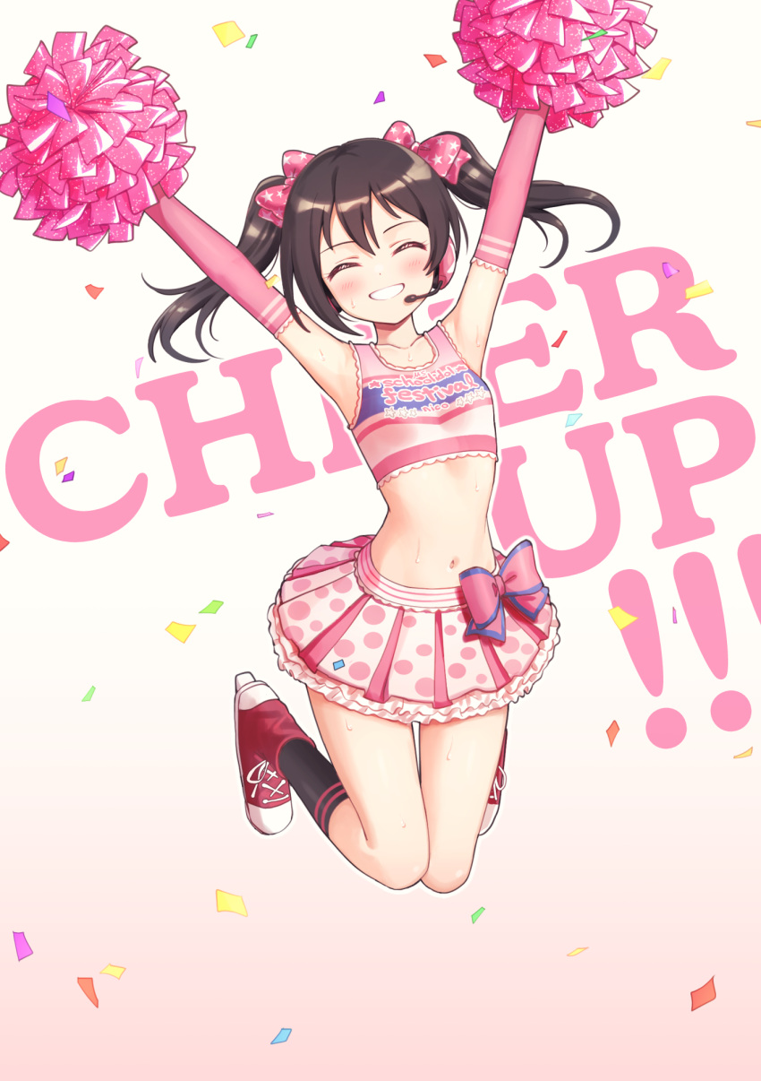 1girl ^_^ armpits arms_up background_text bangs bare_shoulders black_hair black_legwear blush boots bow breasts cheerleader closed_eyes collarbone confetti crop_top deadnooodles elbow_gloves english_text facing_viewer full_body gloves gradient gradient_background grin hair_bow headphones headset highres holding jumping kneehighs long_hair love_live! love_live!_school_idol_project midriff navel pink_background pink_gloves pleated_skirt polka_dot_skirt pom_poms print_bow red_bow red_footwear roller_skates short_hair skates skirt small_breasts smile solo star_(symbol) star_print stomach sweat twintails white_background white_skirt yazawa_nico