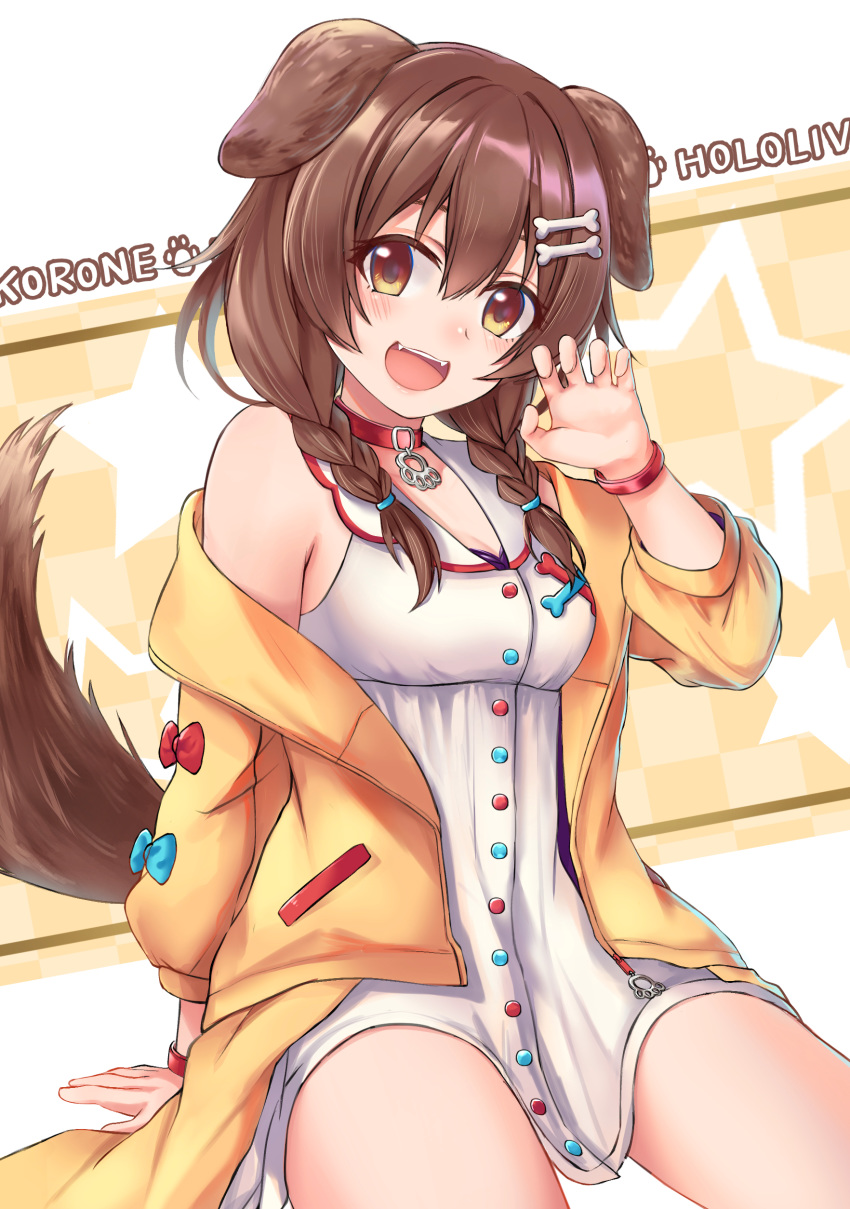 1girl :3 :d absurdres animal_ears bangs blue_bow blush bone_hair_ornament bow bracelet braid brown_eyes brown_hair buttons cartoon_bone character_name choker claw_pose collar cowboy_shot dog_collar dog_ears dog_girl dog_tail dress fangs hair_between_eyes hair_ornament hairclip highres hololive inugami_korone jacket jewelry long_hair looking_at_viewer low_twin_braids low_twintails off-shoulder_jacket open_mouth red_bow red_collar short_dress sitting smile solo tail touri_tarou_(misconception) twin_braids twintails virtual_youtuber white_dress wristband yellow_jacket