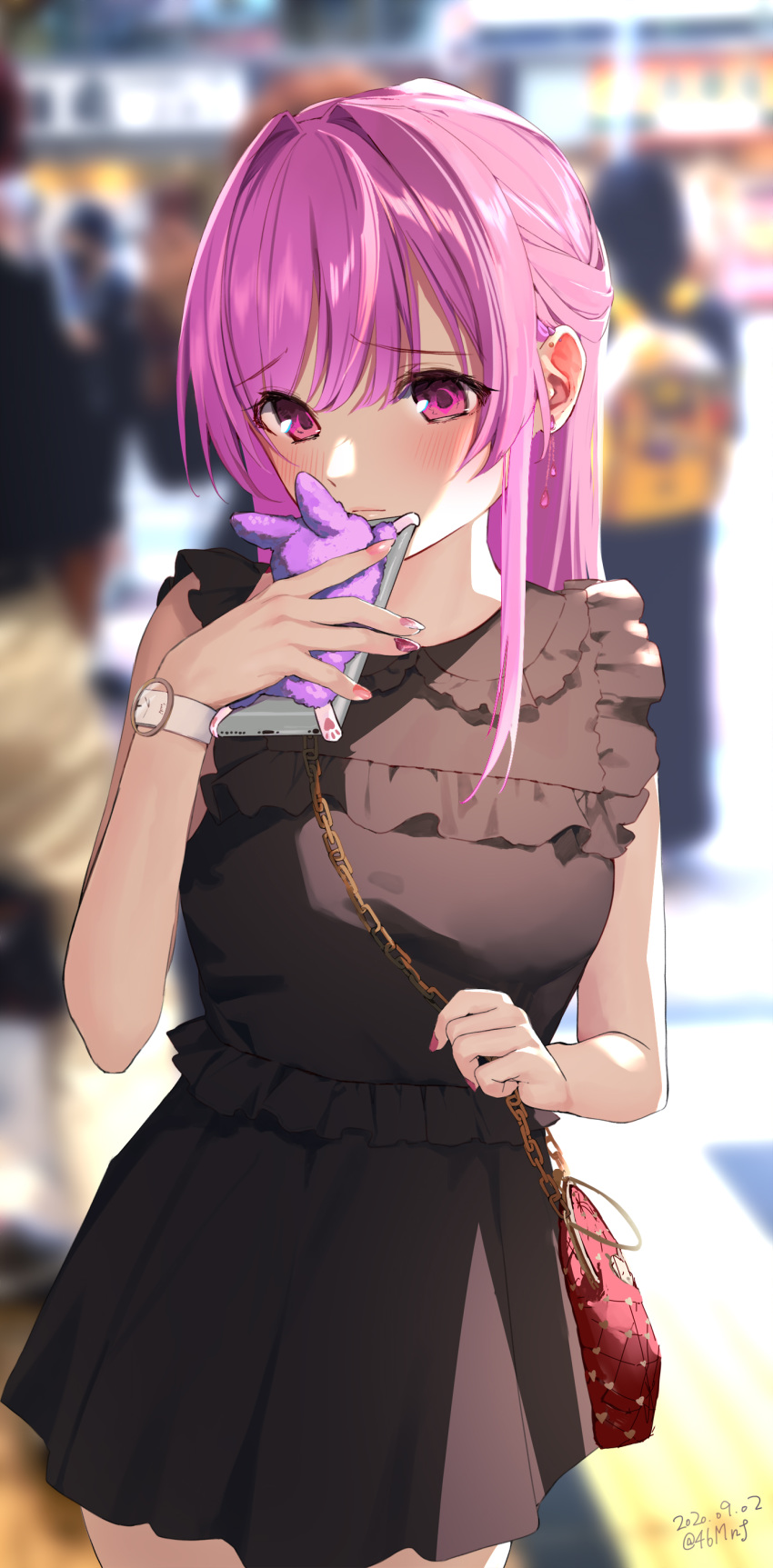 1girl absurdres bag bangs black_dress blurry blurry_background blush breasts cellphone cellphone_charm chain closed_mouth commentary_request dated dress ear_piercing earrings eyebrows_visible_through_hair highres holding holding_chain holding_phone jewelry looking_at_viewer nail_polish original outdoors phone piercing pink_eyes pink_hair pink_nails shiromonefu sidelocks sleeveless sleeveless_dress solo twitter_username watch watch