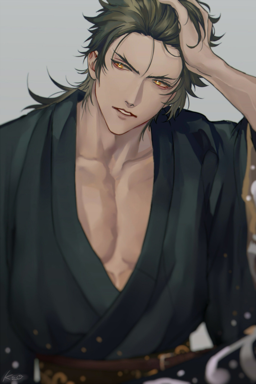 1boy blurry brown_hair chest collarbone depth_of_field eyelashes forked_eyebrows grey_background hair_slicked_back hair_strand hand_in_hair hand_on_own_head hand_up highres japanese_clothes kimono long_hair long_sleeves looking_away male_focus mutsu-no-kami_yoshiyuki obi oppi_(ksop28) parted_lips sash signature simple_background smile solo touken_ranbu upper_body yellow_eyes