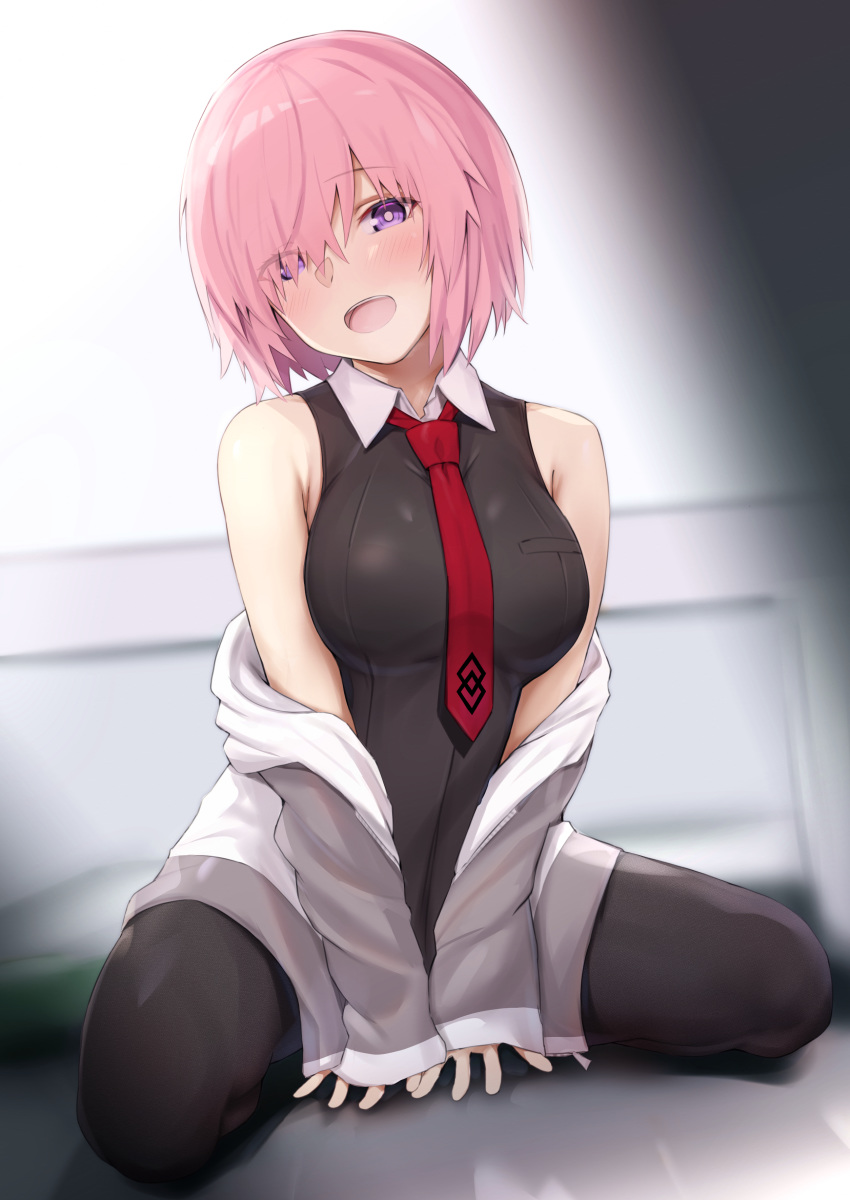 1girl :d absurdres bee_doushi black_dress black_legwear blush breasts commentary_request dress fate/grand_order fate_(series) hair_over_one_eye highres jacket large_breasts lavender_hair long_sleeves looking_at_viewer mash_kyrielight necktie off_shoulder open_clothes open_jacket open_mouth pantyhose revision short_hair smile thighs violet_eyes