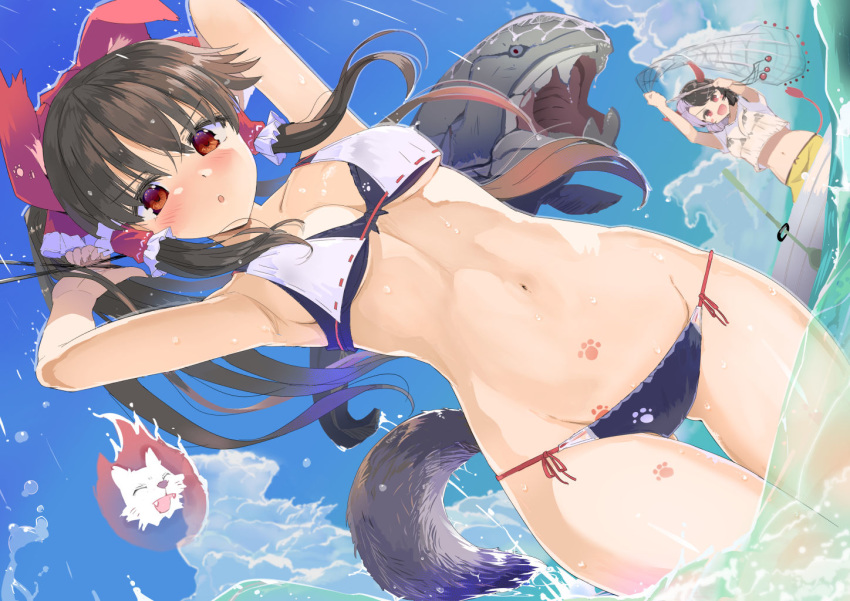 2girls armpits arms_up ass_visible_through_thighs bare_arms bare_shoulders bikini blue_sky blush bow breasts brown_hair clouds day dutch_angle fish grey_hair groin hair_bow hair_tubes hakurei_reimu horns layered_bikini long_hair looking_at_viewer medium_breasts multicolored_hair multiple_girls navel net outdoors paw_print ponytail puuakachan red_bow red_eyes side-tie_bikini sidelocks sky standing stomach summer swimsuit tail thigh_gap touhou two-tone_hair ushizaki_urumi wading wolf_spirit_(touhou) wolf_tail