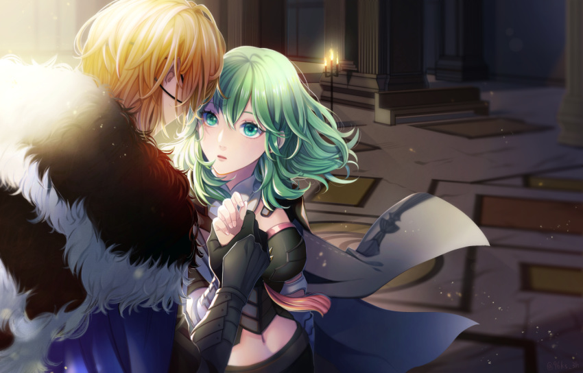 1boy 1girl 96ks_3h armor bangs belt bench black_armor black_belt black_gloves black_shirt black_shorts blonde_hair blue_cape blurry blurry_background blush breasts byleth_(fire_emblem) byleth_eisner_(female) candle cape commentary_request dimitri_alexandre_blaiddyd eyebrows_visible_through_hair eyepatch fire_emblem fire_emblem:_three_houses floating_hair from_behind fur-trimmed_cape fur_trim gauntlets gloves green_eyes green_hair indoors large_breasts light_rays long_hair looking_at_another midriff navel navel_cutout pillar shirt short_hair shorts sidelocks solo_focus standing upper_body vambraces wrist_grab