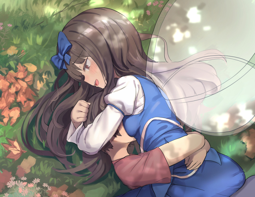 1boy 1girl bangs blue_bow blue_skirt blue_vest blunt_bangs bow breasts brown_eyes brown_hair commission fairy_wings grass hair_bow hetero hug isemori leaf long_sleeves lying on_ground on_side shirt skirt skirt_set small_breasts smile star_sapphire touhou transparent_wings vest white_shirt wings