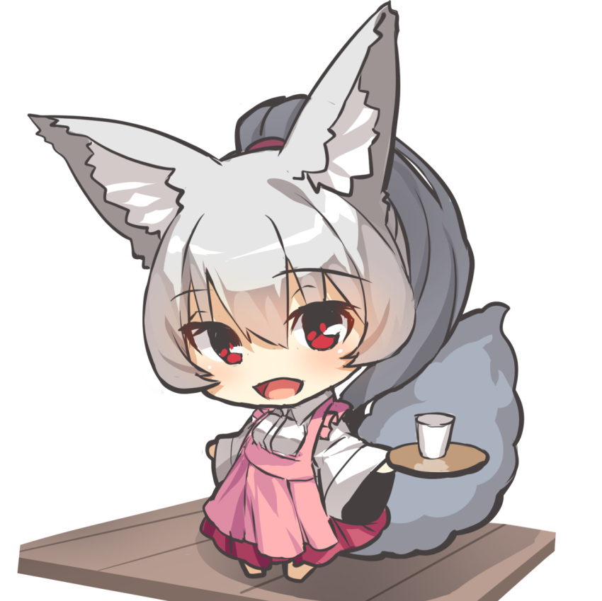 1girl :d animal_ear_fluff animal_ears apron blush chibi collared_shirt commentary_request cup dress_shirt drinking_glass fox_ears fox_girl fox_tail frilled_apron frills full_body grey_hair holding holding_tray long_hair long_sleeves looking_at_viewer open_mouth original pink_apron pleated_skirt ponytail red_eyes red_skirt shirt simple_background skirt smile solo standing tail tray white_background white_shirt wide_sleeves yuuji_(yukimimi)