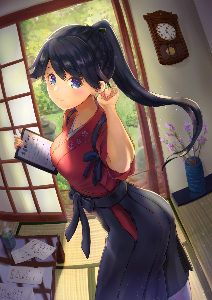 1girl absurdres architecture black_hair black_hakama blue_eyes clock east_asian_architecture hakama hakama_skirt high_ponytail highres houshou_(kantai_collection) indoors japanese_clothes kantai_collection kimono long_hair pendulum_clock pink_kimono ponytail smile solo standing table tasuki tsukiyo_kapibara wall_clock