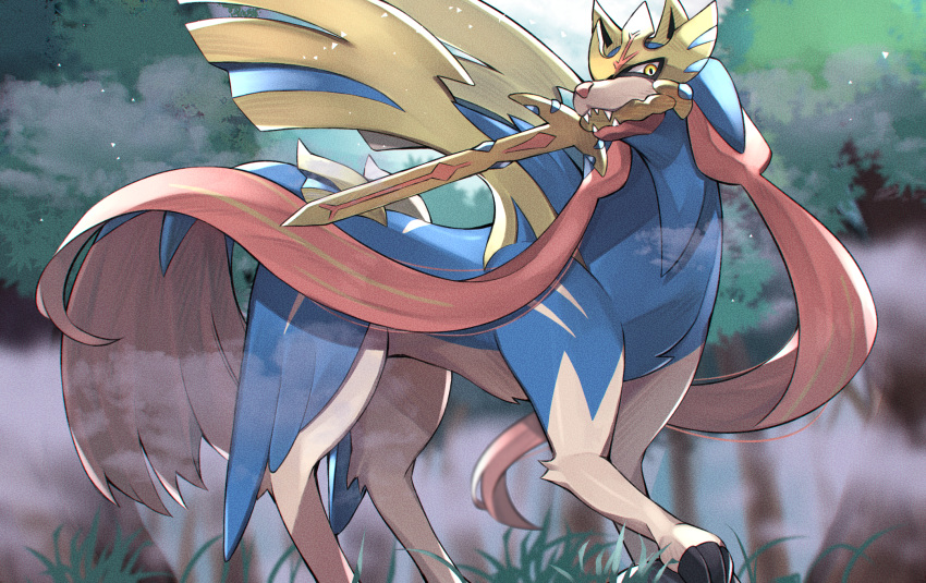 commentary_request dog fog forest gen_8_pokemon grass highres kamekiti legendary_pokemon looking_at_viewer mouth_hold nature no_humans outdoors pokemon pokemon_(creature) pokemon_(game) pokemon_swsh sharp_teeth solo standing sword teeth weapon zacian