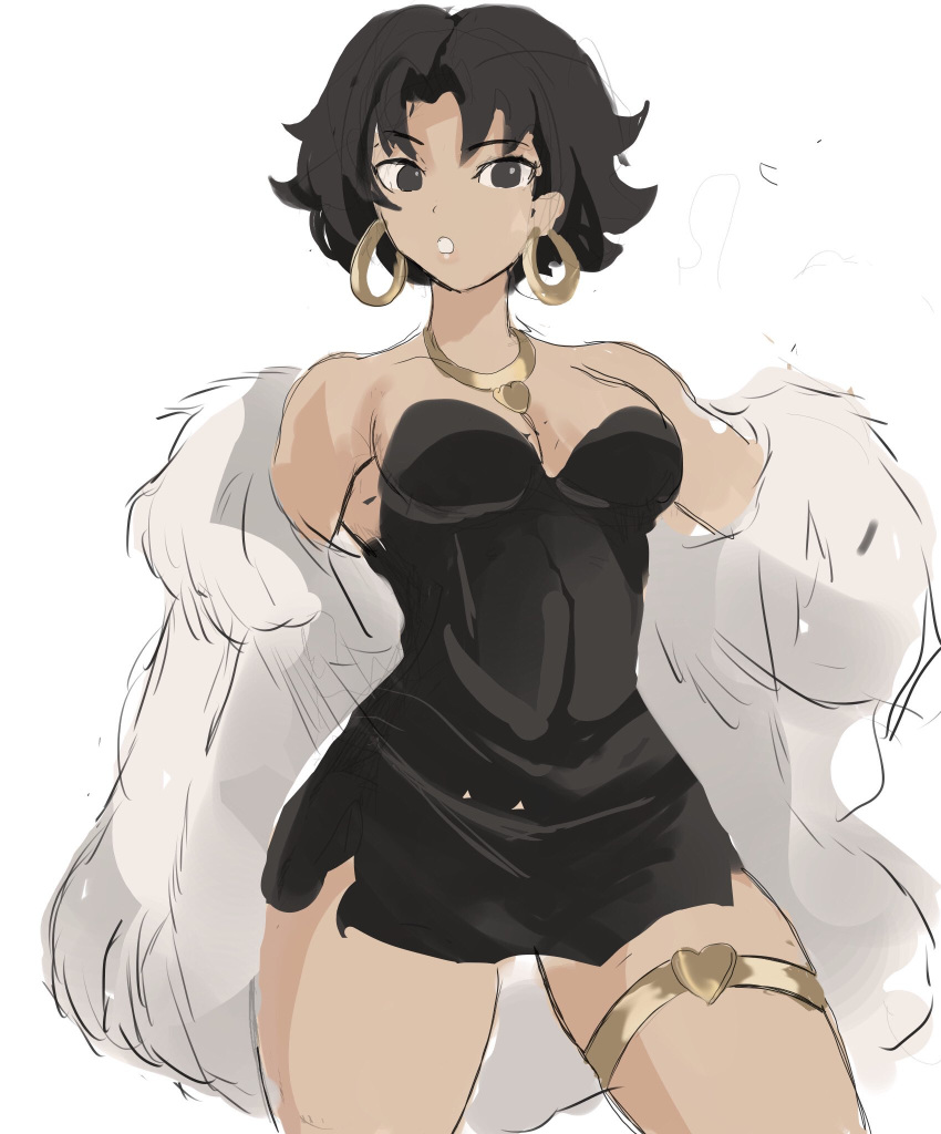 1girl :o betty_boop betty_boop_(character) black_dress black_eyes breasts coat dress earrings fur_coat gold_earrings gold_necklace heart heart_necklace highres hoop_earrings jewelry medium_breasts messy_hair necklace rakeem_garcia-cueto short_hair thighlet white_background white_coat white_fur