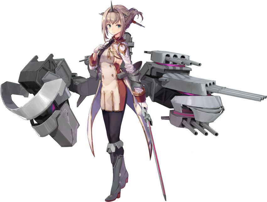 1girl artist_request bangs black_legwear black_neckwear blue_eyes blue_oath boots braid breasts brown_hair closed_mouth folded_ponytail gloves hand_on_own_chest headgear highres holding holding_sword holding_weapon knee_boots long_sleeves medium_breasts necktie nelson_(blue_oath) official_art pantyhose ponytail rigging sideboob solo sword tailcoat transparent_background weapon white_gloves