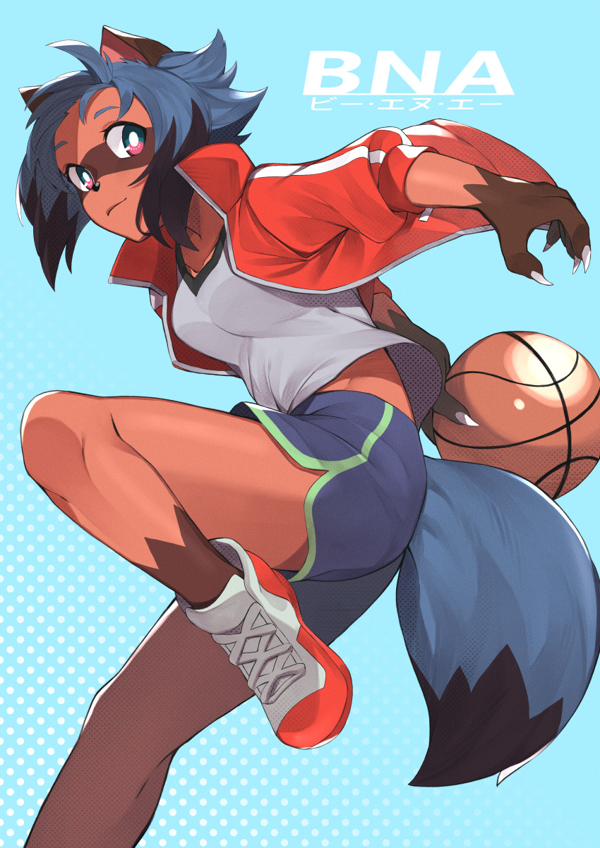 1girl absurdres animal_ears arm_behind_back basketball black_hair blue_background blue_hair brand_new_animal breasts brown_fur collarbone commentary_request from_side full_body furry gym_shorts highres jacket kagemori_michiru kamekiti knee_up looking_at_viewer medium_breasts multicolored_hair open_clothes open_jacket open_mouth pink_eyes polka_dot polka_dot_background raccoon_ears raccoon_girl raccoon_tail red_jacket shirt shoes short_hair short_shorts shorts smile sneakers solo sportswear tail track_jacket two-tone_hair white_shirt